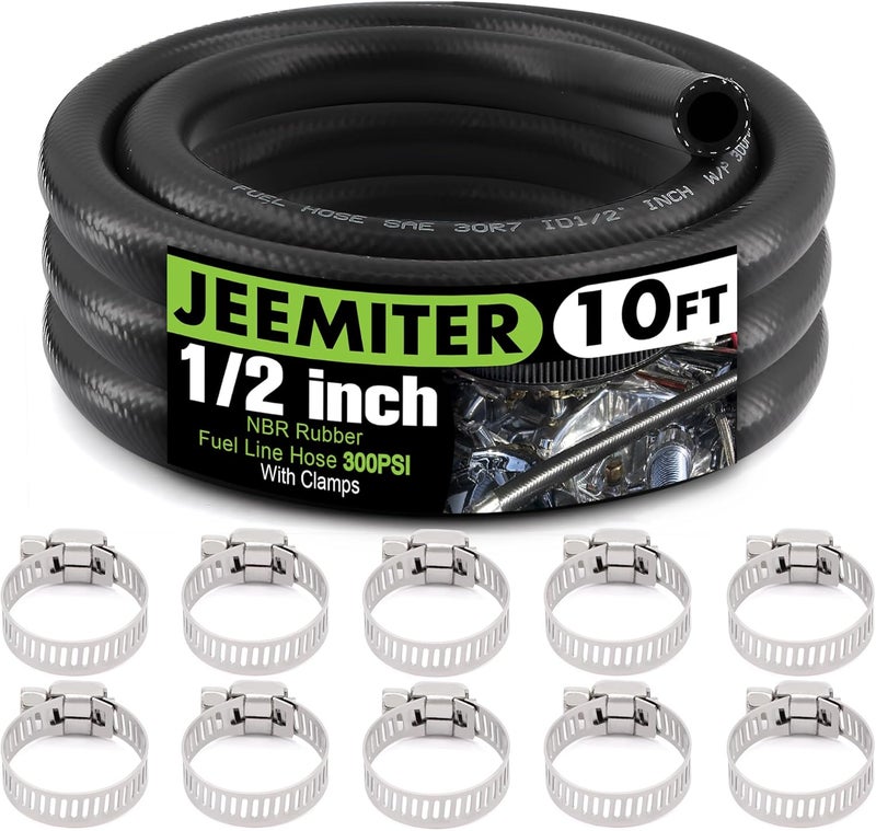 Jeemiter 1/2" ID (13mm) Fuel Line Hose 10FT - Heavy Duty SAE 30R7 NBR Rubber for Diesel, Gas & Oil - High Flow Kit with 10 Clamps for Truck, Marine, Industrial & Automotive Use - Image 1